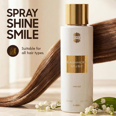 Ajmal Cashmere Musc Hair Mist 100ml – Soft Musky Hair & Body Perfume for Women | Spicy Floral & Sandalwood | Made in Dubai