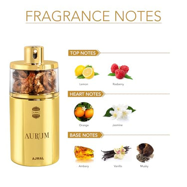 Ajmal Aurum Eau de Parfum 75ml – Fresh Fruity Women's Perfume | Lemon, Raspberry & Amber | Made in Dubai