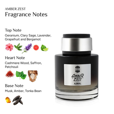 Ajmal Amber Zest Eau de Parfum 100 ml | Men’s Woody-Amber Luxury Perfume | Bergamot, Saffron & Oud | Long Lasting Oriental Fragrance Made in Dubai