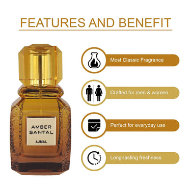 Ajmal Amber Santal Eau de Parfum 100ml – Woody Sandalwood Amber Unisex Perfume | Spicy Luxury Arabic Scent | Dubai